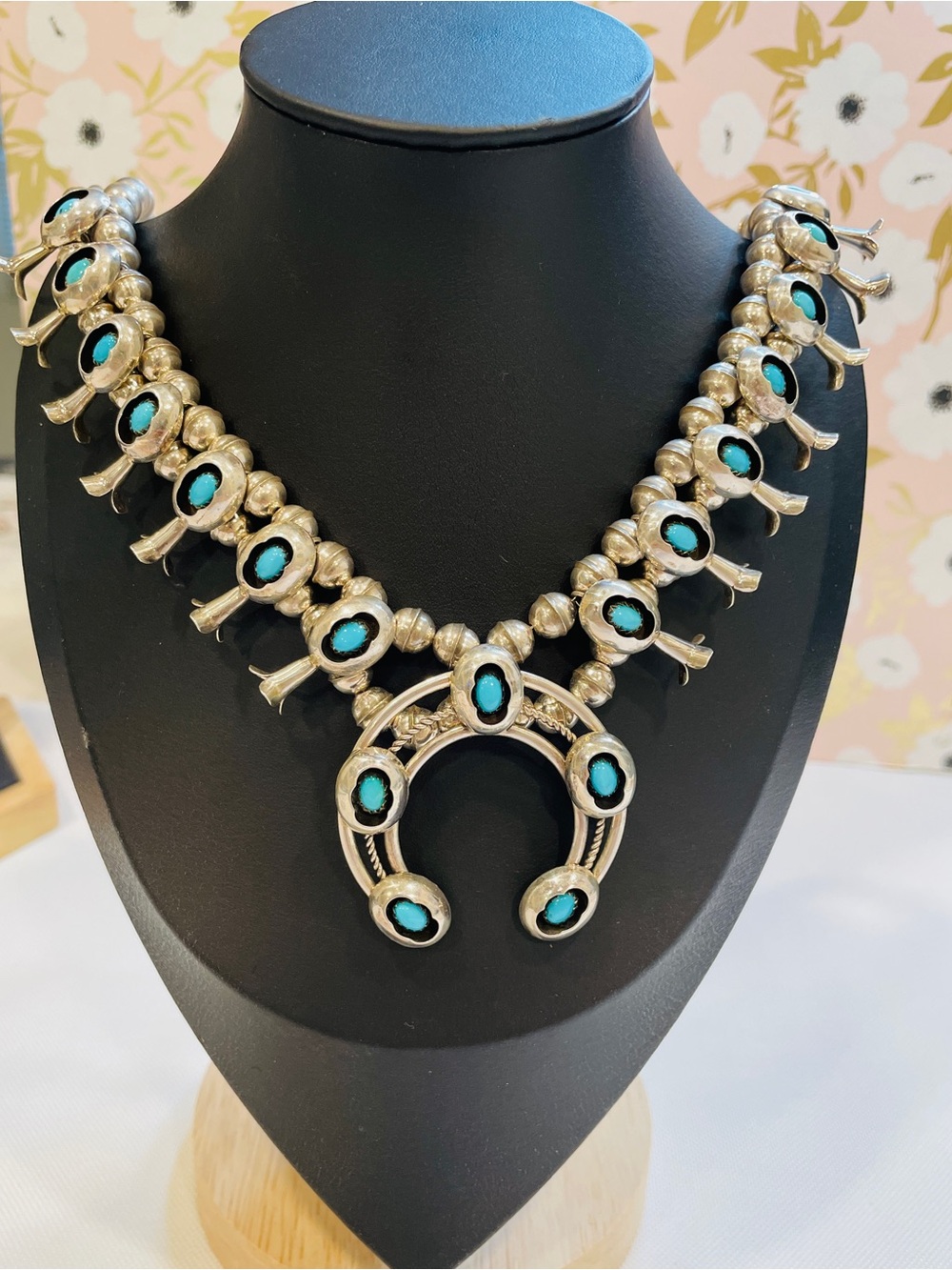 ShadowBox Navajo Kingman Turquoise Silver Squash Naja Necklace And Earrings Set